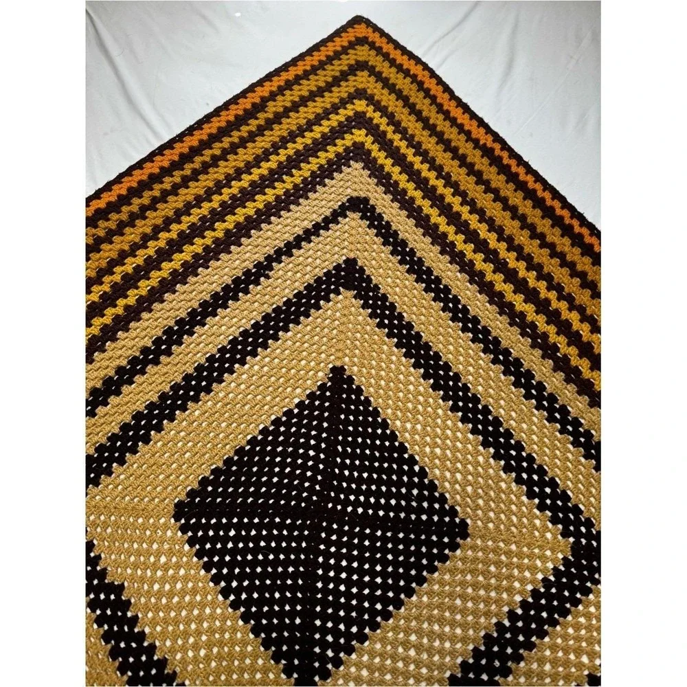 VTG 70s Crochet Afghan Handmade Brown Orange Yellow Band Van Basement Throw
